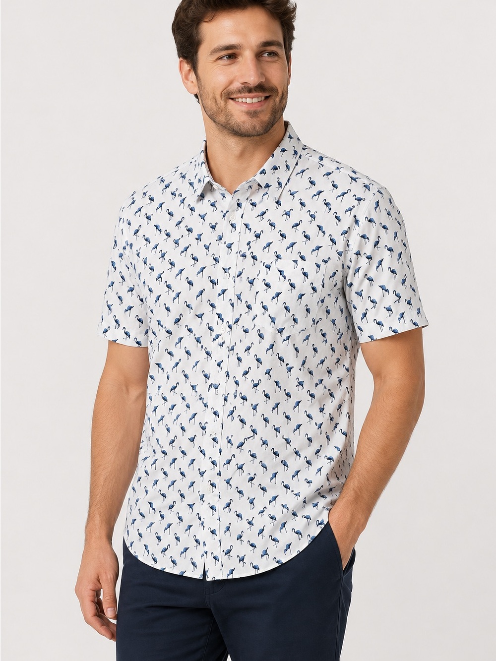 Michael Brandon Men’s XL Slim Fit Flamingo Print Short Sleeve Button Shirt